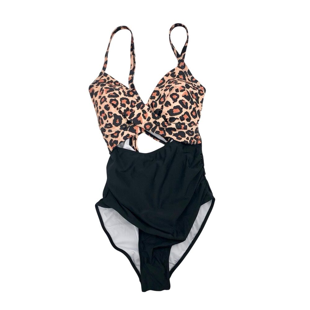 BRAND NEW Leopard Print Cut Out One Piece Swimsuit Padded Cups Tie Back Size L